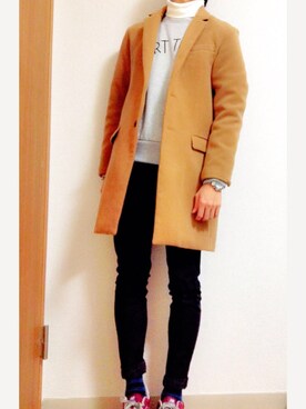 「スウエット」｜「アイテム（チェスターコート）」を使った、coさん（メンズ・173cm）の冬コーディネート