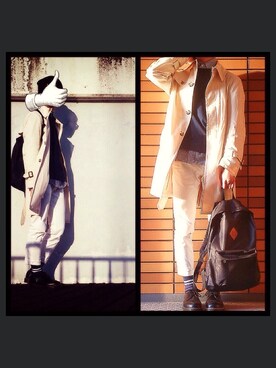 「ネイビー×ホワイト」｜「アイテム（ステンカラーコート）」を使った、coさん（メンズ・173cm）の冬コーディネート