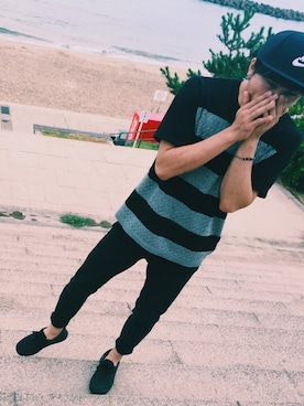 「COMME CA ISM（コムサイズム）のニットとジャージを組み合わせたＴシャツ（Tシャツ/カットソー、ブラック系）」を使った、yurikaさん（レディース・155cm）の夏コーディネート