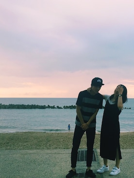 「COMME CA ISM（コムサイズム）のニットとジャージを組み合わせたＴシャツ（Tシャツ/カットソー、ブラック系）」を使った、yurikaさん（レディース・155cm）の夏コーディネート