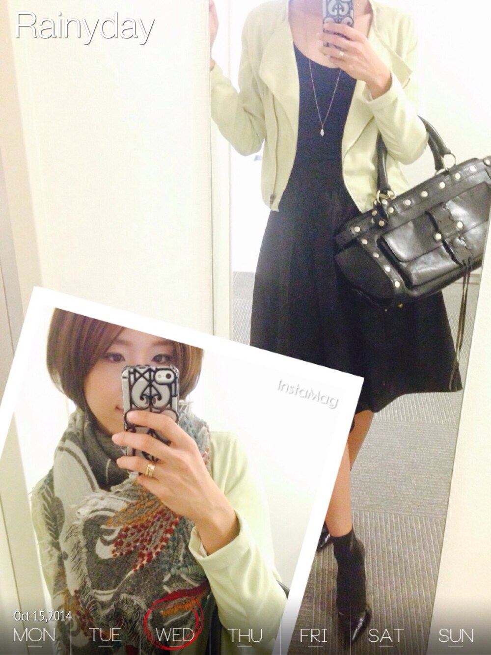 ブラック系のトートバッグ、イエロー系のライダースジャケット、ブラック系のパンプスを着用したレディースの秋コーディネートの1枚目の写真