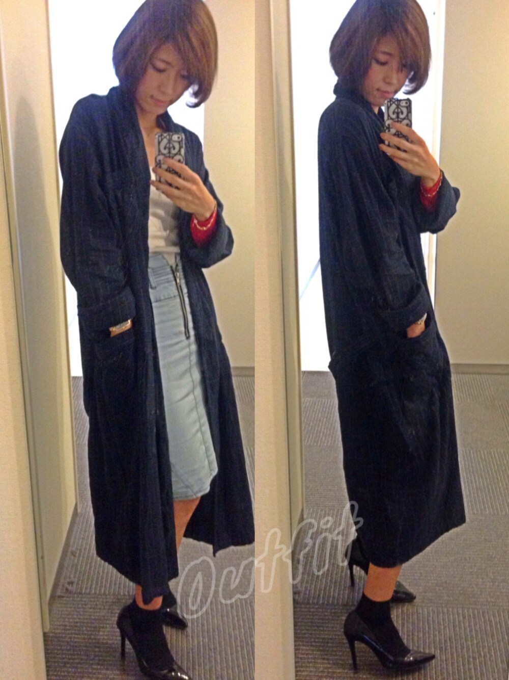 ブルー系のその他アウター、ブルー系のデニムスカート、レッド系のカーディガン/ボレロを着用したレディースの秋コーディネートの1枚目の写真