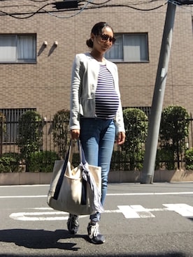 「バンダナ」｜「アイテム（ノーカラージャケット）」を使った、yuuuuuiさん（レディース・158cm）の春コーディネート
