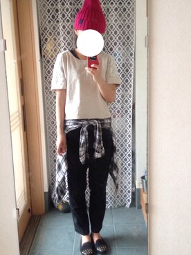 「GU（ジーユー）のアイテム（ニットキャップ/ビーニー、レッド系）」を使った、tomokoさん（レディース・164cm）の夏コーディネート