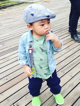 「アイテム（ベビーシューズ/ベビーソックス、グリーン系）」を使った、crystal_yoyoさん（キッズ・70cm）の秋コーディネート