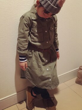 「アイテム（シャツワンピース、グリーン系）」を使った、マタマタさん（キッズ・120cm）の冬コーディネート