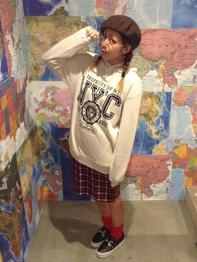 「#チェック」｜「アイテム（ハンチング/ベレー帽）」を使った、SPINNS関西さん（レディース・155cm）の夏コーディネート