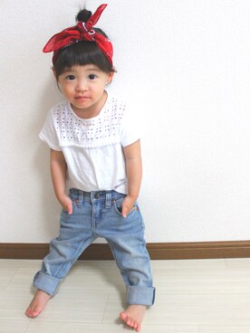 「ZARA KIDSのアイテム（Tシャツ/カットソー、ホワイト系）」を使った、ayumiさん（キッズ・90cm）の夏コーディネート