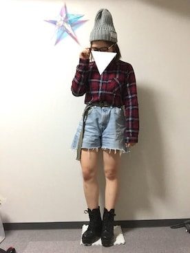 「赤チェック」｜「アイテム（ブーティ）」を使った、ユッチさん（レディース・148cm）の秋コーディネート