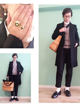 「HYKE」｜「アイテム（チェスターコート）」を使った、奥村展子さん（レディース・160cm）の秋コーディネート
