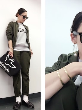 「BEAMS」｜「アイテム（スタジャン）」を使った、奥村展子さん（レディース・160cm）の春コーディネート