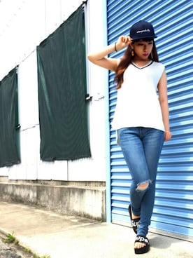 「ノースリーブニット」｜「アイテム（キャップ）」を使った、Maiさん（レディース・155cm）の春コーディネート