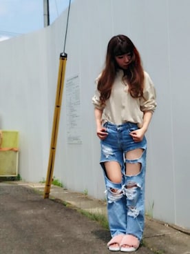 「リメイクデニム」｜「アイテム（ポロシャツ）」を使った、Maiさん（レディース・155cm）の春コーディネート