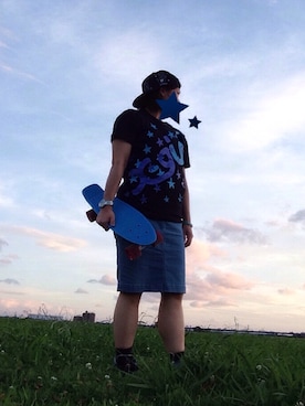 「X-girl（エックスガール）のアイテム（Tシャツ/カットソー、ブラック系）」を使った、ちいさん（レディース・150cm）の夏コーディネート
