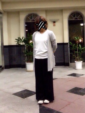 「Qoo10のアイテム（カーディガン/ボレロ、グレー系）」を使った、ちいさん（レディース・150cm）の秋コーディネート
