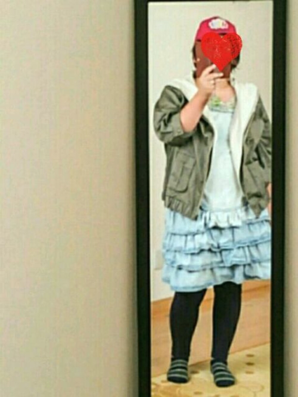 「デブでもオシャレ、デブコーデ、デブファッション、ぽっちゃりコーデ、デニムワンピース、OLIVE des OLIVE、LIBERTY、パーカー、カーキ、SWIMMER」｜「OLIVE des OLIVE のアイテム（パーカー、グリーン系）」を使った、ポンポコさん（レディース・157cm）の秋コーディネートの1枚目の写真