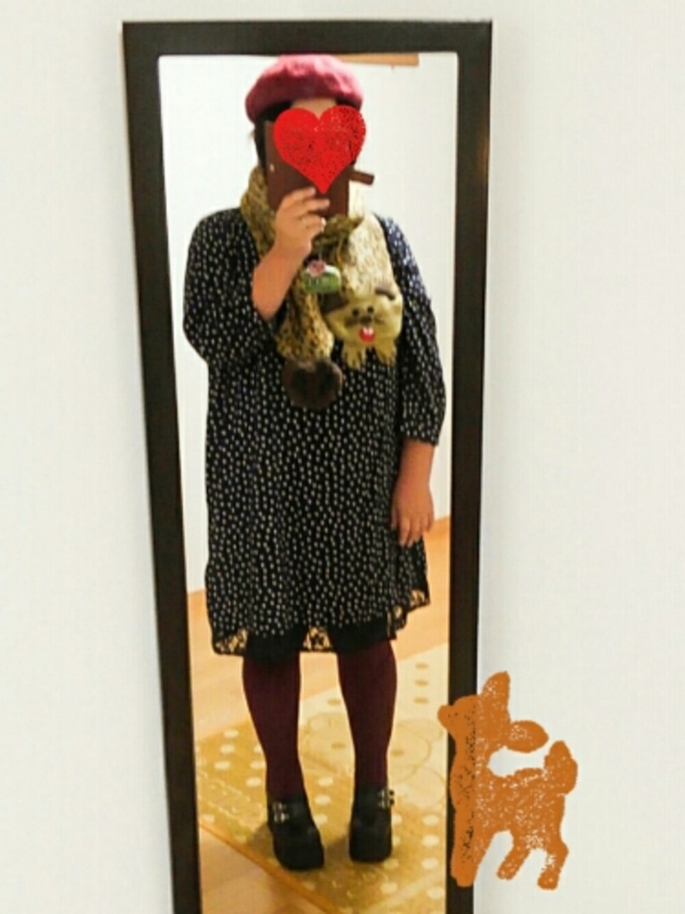 「ドット、猫、ネコ、ノアンヌ、noannu、カラータイツ、ワインレッド、エンジ色、でぶ、ぽっちゃり」｜「RETRO GIRLのアイテム（ハンチング/ベレー帽、レッド系）」を使った、ポンポコさん（レディース・157cm）の秋コーディネートの1枚目の写真