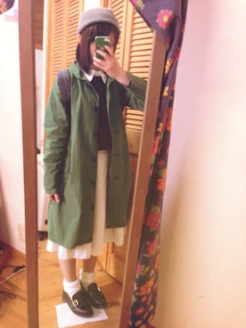 「アイテム（ステンカラーコート、グリーン系）」を使った、くんさん（レディース・150cm）の春コーディネート