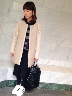 「ボーダーニット」｜「アイテム（ノーカラージャケット）」を使った、ami-5さん（レディース・160cm）の冬コーディネート