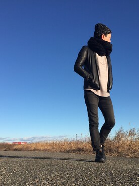 「エアジョーダン」｜「アイテム（ライダースジャケット）」を使った、k!o!👶👶さん（メンズ・171cm）の冬コーディネート