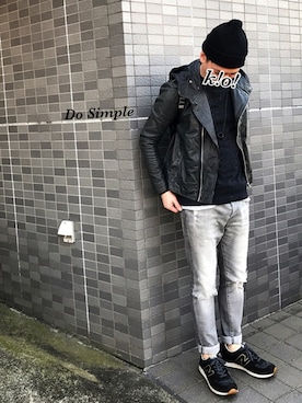 「Doシンプル部」｜「アイテム（ライダースジャケット）」を使った、k!o!👶👶さん（メンズ・171cm）の冬コーディネート