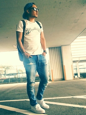 「atmos/atmos girls（アトモスアトモスガール）のSPRUCE ワークリュック（バックパック/リュック）」を使った、кουさん（メンズ・165cm）の夏コーディネート