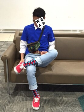 「アイテム（ボディバッグ/ウエストポーチ、グリーン系）」を使った、だいそんさん（メンズ・175cm）の夏コーディネート