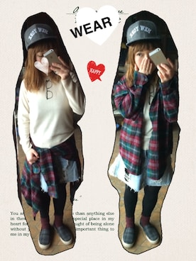 「B.L.U.E（ビーエルユーイー）のアイテム（帽子）」を使った、ぴーままさん（レディース・152cm）の冬コーディネート