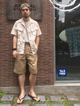 「アイテム（ミリタリージャケット、ホワイト系）」を使った、笠井　勝司さん（メンズ・179cm）の春コーディネート