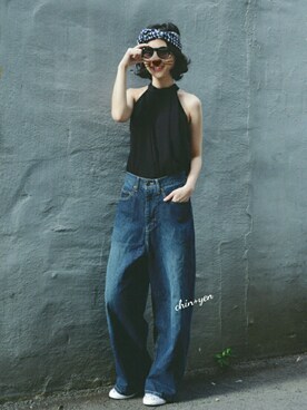 「アイテム（ヘアアクセサリー、ブルー系）」を使った、彭小雁さん（レディース・160cm）の秋コーディネート