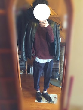 「AZUL by moussy（アズールバイマウジー）のアイテム（ライダースジャケット）」を使った、うどんさん（メンズ・168cm）の冬コーディネート