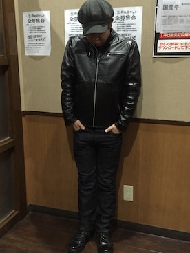 「リジッドデニム」｜「アイテム（ライダースジャケット）」を使った、ろまのゔぁさん（メンズ・163cm）の冬コーディネート