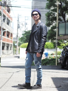「ニットキャップ」｜「アイテム（ライダースジャケット）」を使った、【glamb】田上翔さん（メンズ・173cm）の夏コーディネート