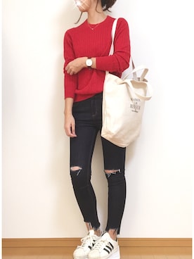 「コットンカシミヤケーブルクルーネックセーター」｜maruさん（レディース・166cm）の秋コーディネート