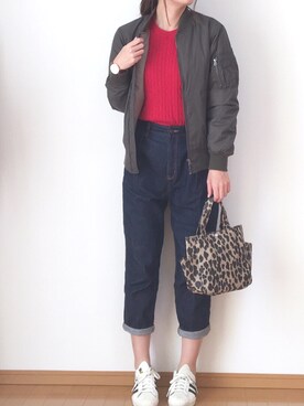 「コットンカシミヤケーブルクルーネックセーター」｜maruさん（レディース・166cm）の秋コーディネート