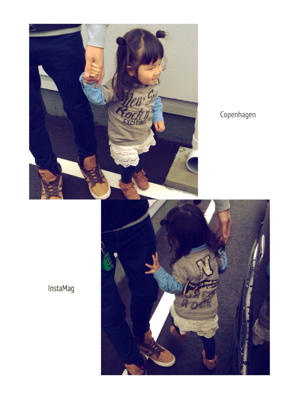 「kids、#春コーデ」｜「DENIM DUNGAREEのアイテム（Tシャツ/カットソー、グレー系）」を使った、puticoさん（キッズ・90cm）の春コーディネートの1枚目の写真