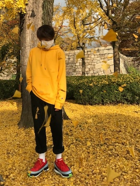 「アイテム（ピアス（両耳用）、グリーン系）」を使った、ЯYUS∃iさん（メンズ・172cm）の秋コーディネート
