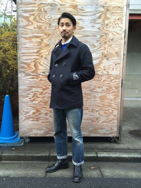 「ネイビーコーデ」｜「アイテム（ピーコート）」を使った、岩井一真さん（メンズ・170cm）の冬コーディネート