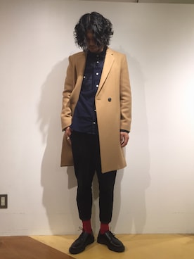 「ソックス」｜「アイテム（チェスターコート）」を使った、downeyさん（メンズ・180cm）の冬コーディネート