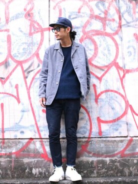 「1sin（イッシン）のアイテム（キャップ）」を使った、downeyさん（メンズ・180cm）の春コーディネート