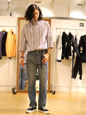 「lot holon（ロットホロン）のアイテム（デニムパンツ）」を使った、downeyさん（メンズ・180cm）の夏コーディネート