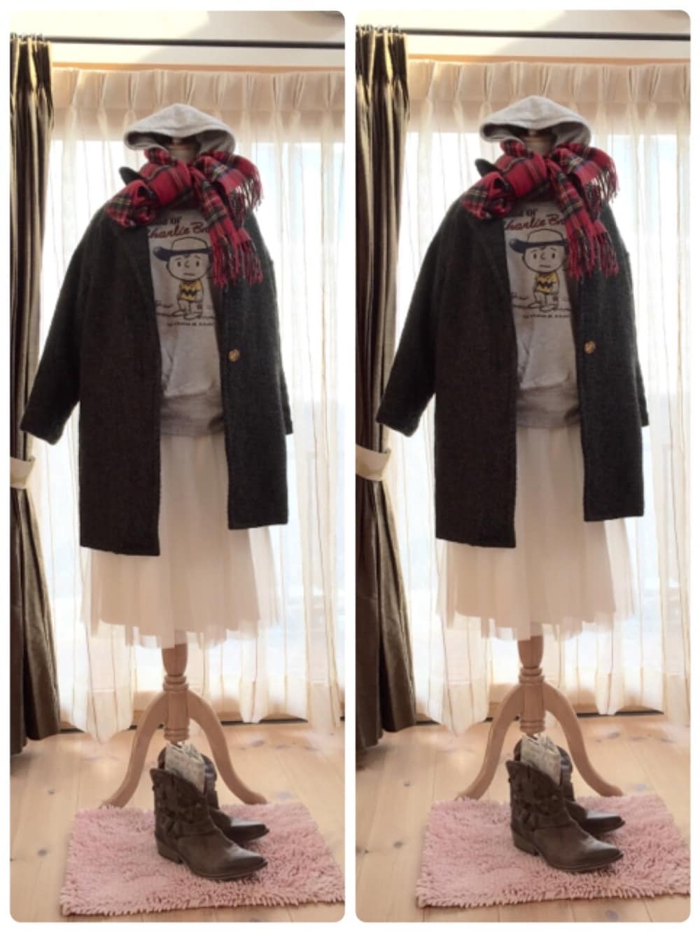 グリーン系のその他アウター、ホワイト系のスカート、ブラウン系のブーツを着用したレディースの冬コーディネートの1枚目の写真