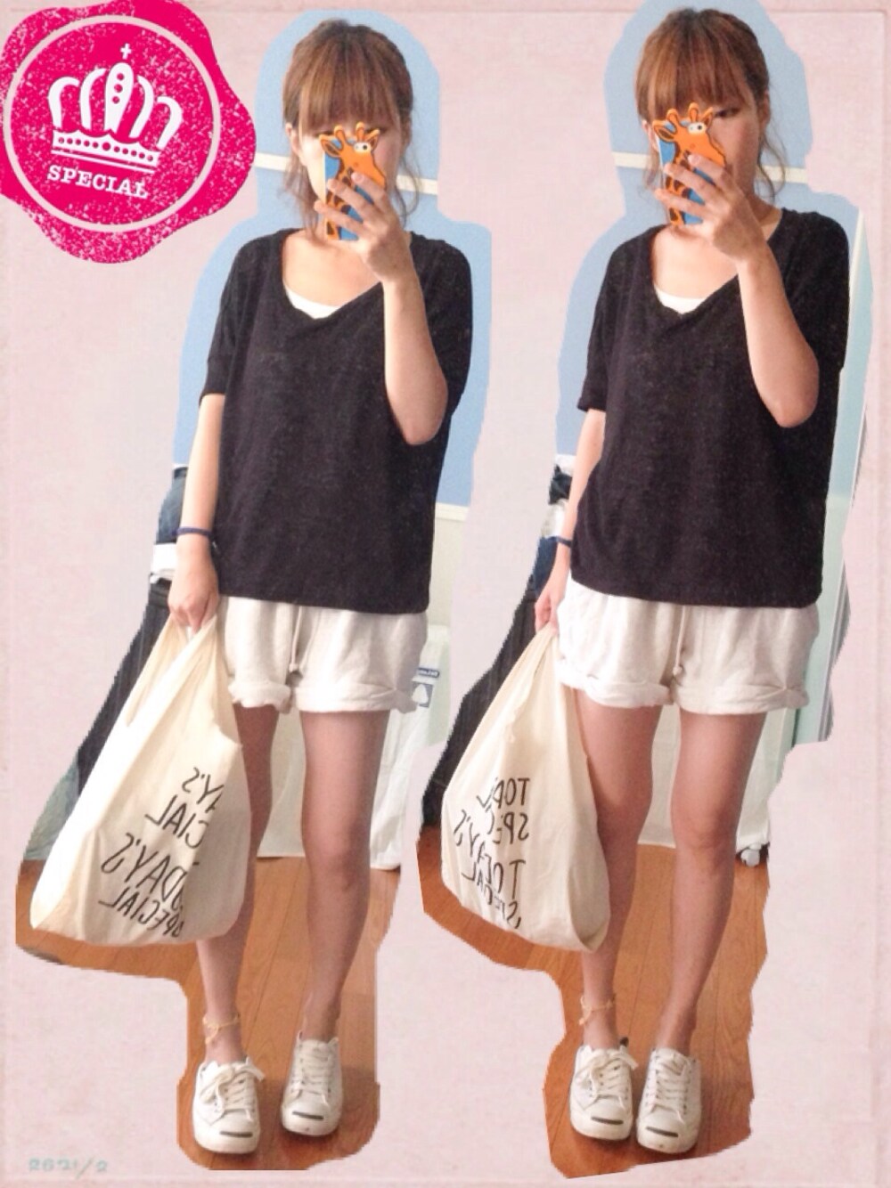 ホワイト系のスニーカーを着用したレディースの夏コーディネートの1枚目の写真