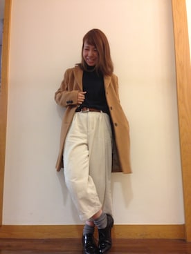 「ウエストイン」｜「アイテム（チェスターコート）」を使った、@risaさん（レディース・155cm）の秋コーディネート