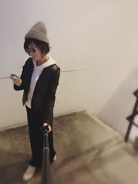 「NINE（ナイン）のアイテム（ライダースジャケット）」を使った、blenda0305さん（レディース・164cm）の冬コーディネート