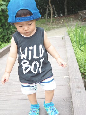 「abcd（ナシ）のアイテム（キャップ）」を使った、_haru_(ت)♪︎さん（キッズ・80cm）の夏コーディネート