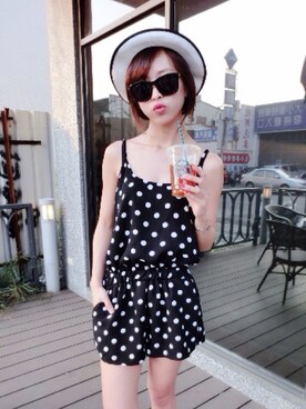 「アイテム（つなぎ/オールインワン）」を使った、蔣甯妮さん（レディース・168cm）の夏コーディネート