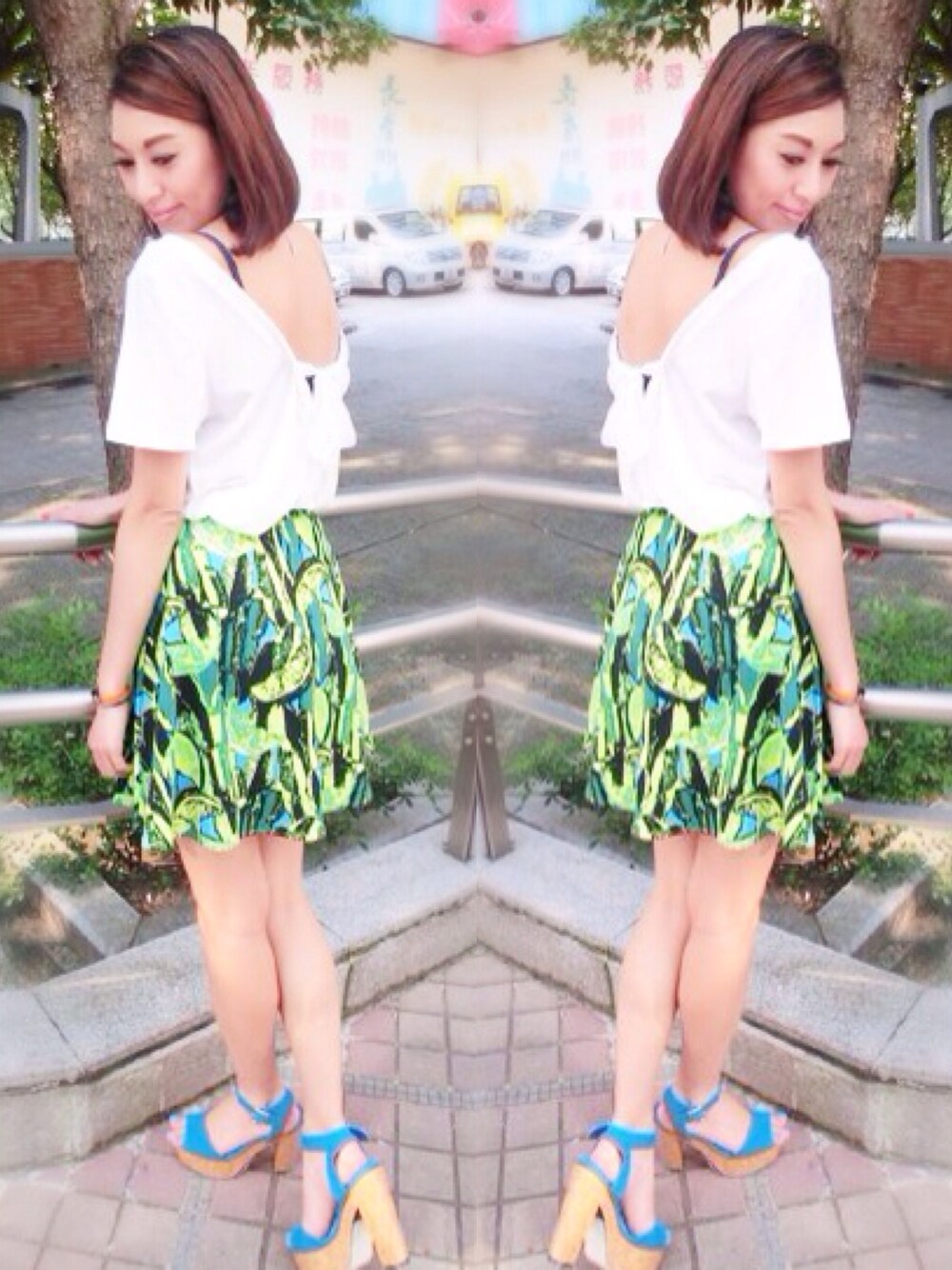 「SLY、Japan、jeans、denim、stripes、top、TEE、offshoulder、skirt」｜「SLYのアイテム（Tシャツ/カットソー、ホワイト系）」を使った、yusukeさん（レディース・172cm）の夏コーディネートの1枚目の写真