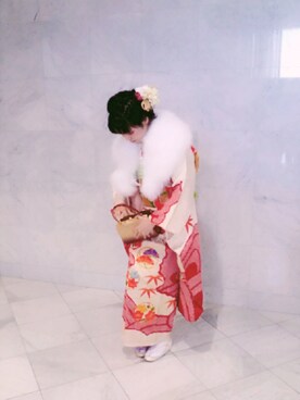 「アイテム（水着/着物・浴衣、レッド系）」を使った、マリナさん（レディース・156cm）の冬コーディネート