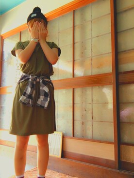 「ボーダーソックス」｜「アイテム（ニットキャップ/ビーニー）」を使った、ちゅん。さん（レディース・154cm）の夏コーディネート